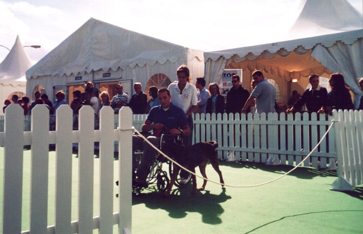 Exhibición de perros de asistencia con Linda caminando al lado de la silla de ruedas con enrique solis de LealCan